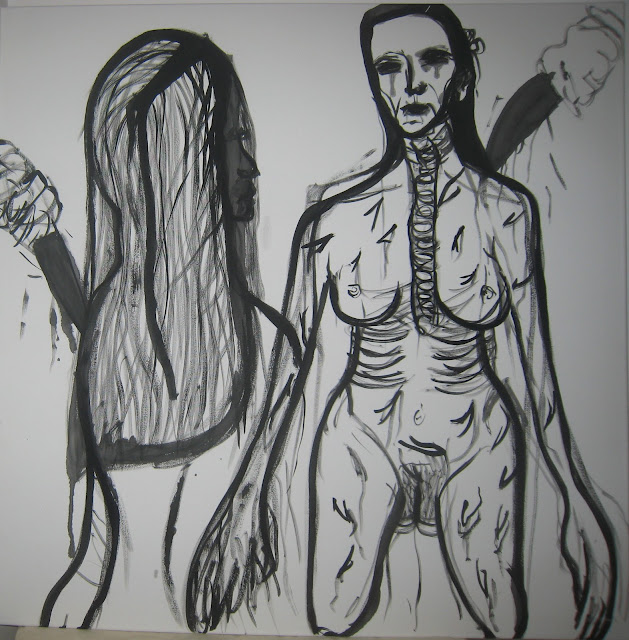 Pintura de dos mujeres en blanco y negro que son apuñaladas por la espalda sin apenas defenderse y oponer resistencia por Emebezeta
