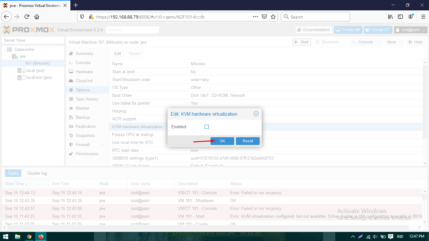 How to Fix error KVM virtualization configured, but not avaible