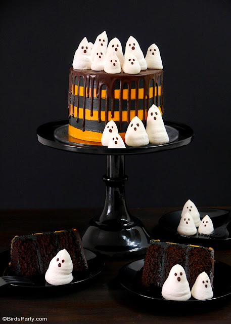 Halloween Chocolate Orange Layer Cake with Meringue Ghosts with Chocolate Drip - delicious dessert to serve at your Halloween party! by BirdsParty.com @birdsparty #halloween #halloweencake #layercake #chocolateorange #halloweenlayercake #dripcake #meringueghosts #ghosts #meringue #recipe #halloweenrecipe #chocolateorangecake #blackorange #blackorangehalloween