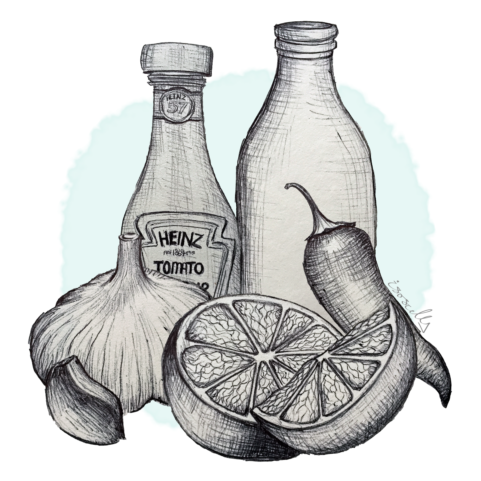 Ketchup milk garlic lime chilli biro illustration