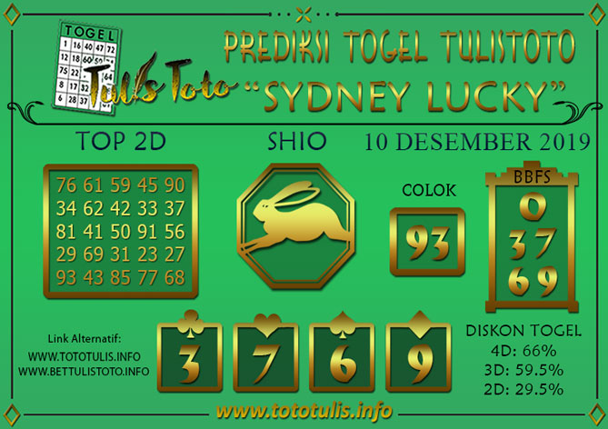 Prediksi Togel SYDNEY LUCKY TODAY TULISTOTO 10 DESEMBER 2019