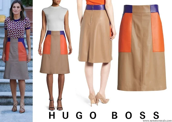 Queen Letizia wore Hugo Boss Seplea Colorblock Leather Skirt