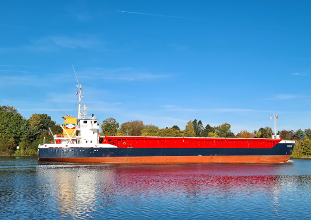 Küsten-Spaziergänge rund um Kiel, Teil 7: Herbst-Spaziergang am Nord-Ostsee-Kanal bei Suchsdorf. Auf dem Kiel-Canal sind viele Schiffe zu sehen, darunter auch dieser Containerfrachter. Ein schöner Kontrast zur herbstlichen Färbung der Bäume und dem Blau der Wasserstraße.