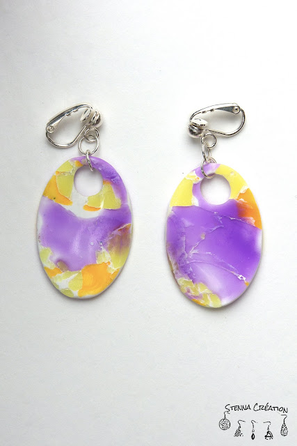 Boucles d'oreilles en pâte polymère Imitation Marbre Violet Jaune Translucent Stenna Création