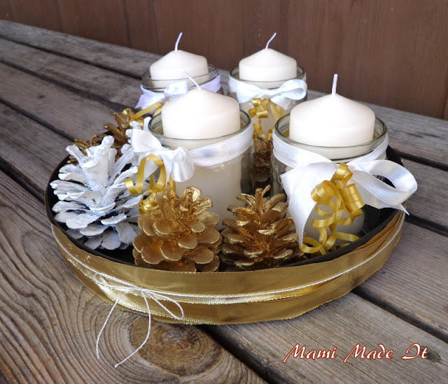 Adventkranz - DIY mit Kerzen im Glas, Bänder und Zapfen - Adventwreath DIY with candles in jars, ribbons and cones