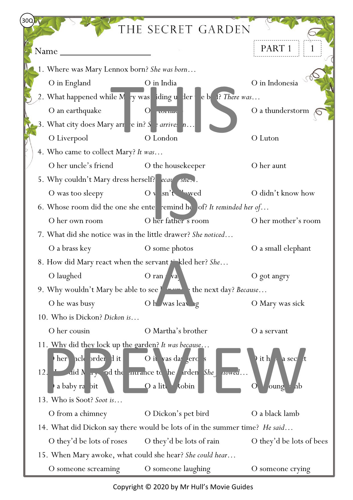 The Secret Garden Movie Guide + Activities - Answer Keys Included