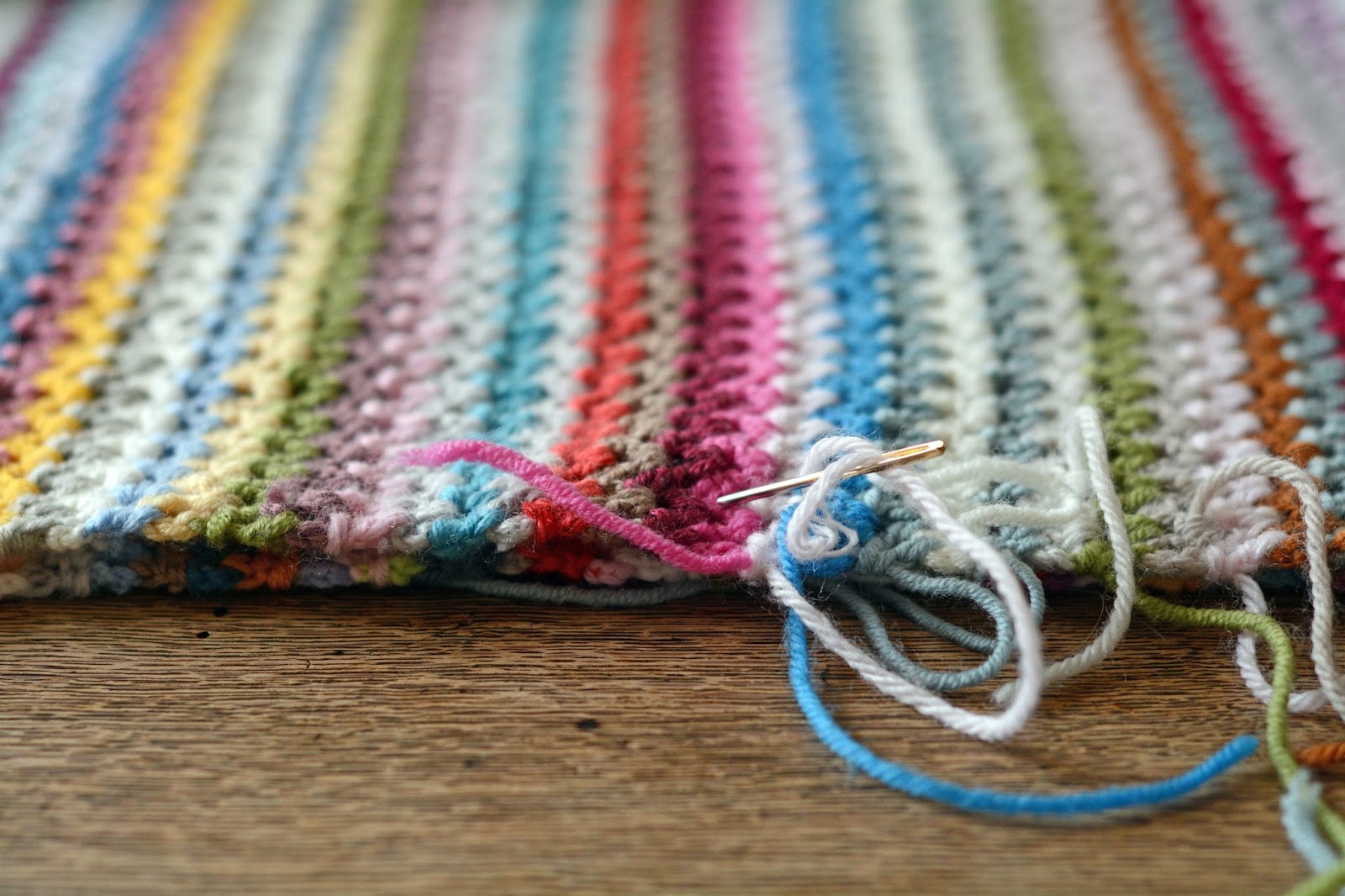 Quilting with the Past II V stitch blanket, weaving in ends