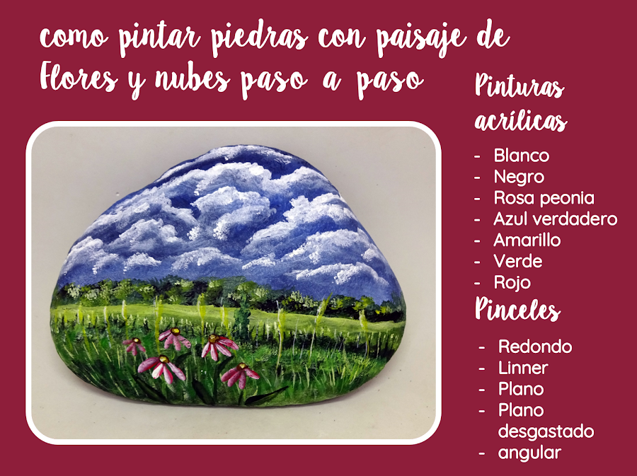 COMO PINTAR PIEDRAS CON PAISAJE DE FLORES Y NUBES