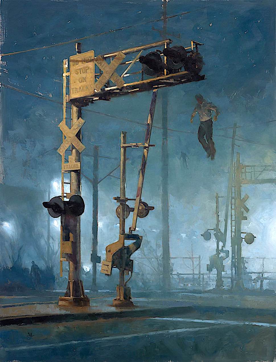 Gregory Manchess Gregory Manchess, a strange scene at night at a train rail crossing