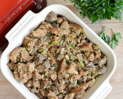 Sausage Stuffing (Turkey Dressing) ♥ KitchenParade.com, my grandmother's recipe, just sausage, good bread, herbs and an egg-milk binding. Stuff a turkey with it or just bake in the oven.