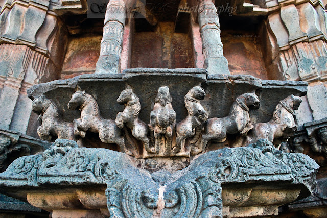 Sculpture of the seven horses indicating the seven days of the week at the walls of the Suryanarayana shrine(sun temple)