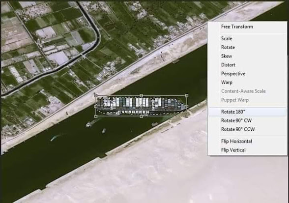 Chọn con tàu EverGreen và xoay vị trí cho thích hợp với dòng kênh Suez bằng photoshop