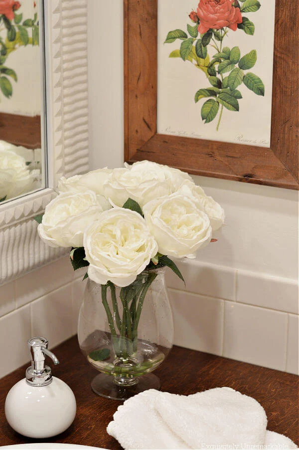 Cottage Style Bathroom Decor, Roses, Soap Dispenser and Wash Towel In Red and Whites