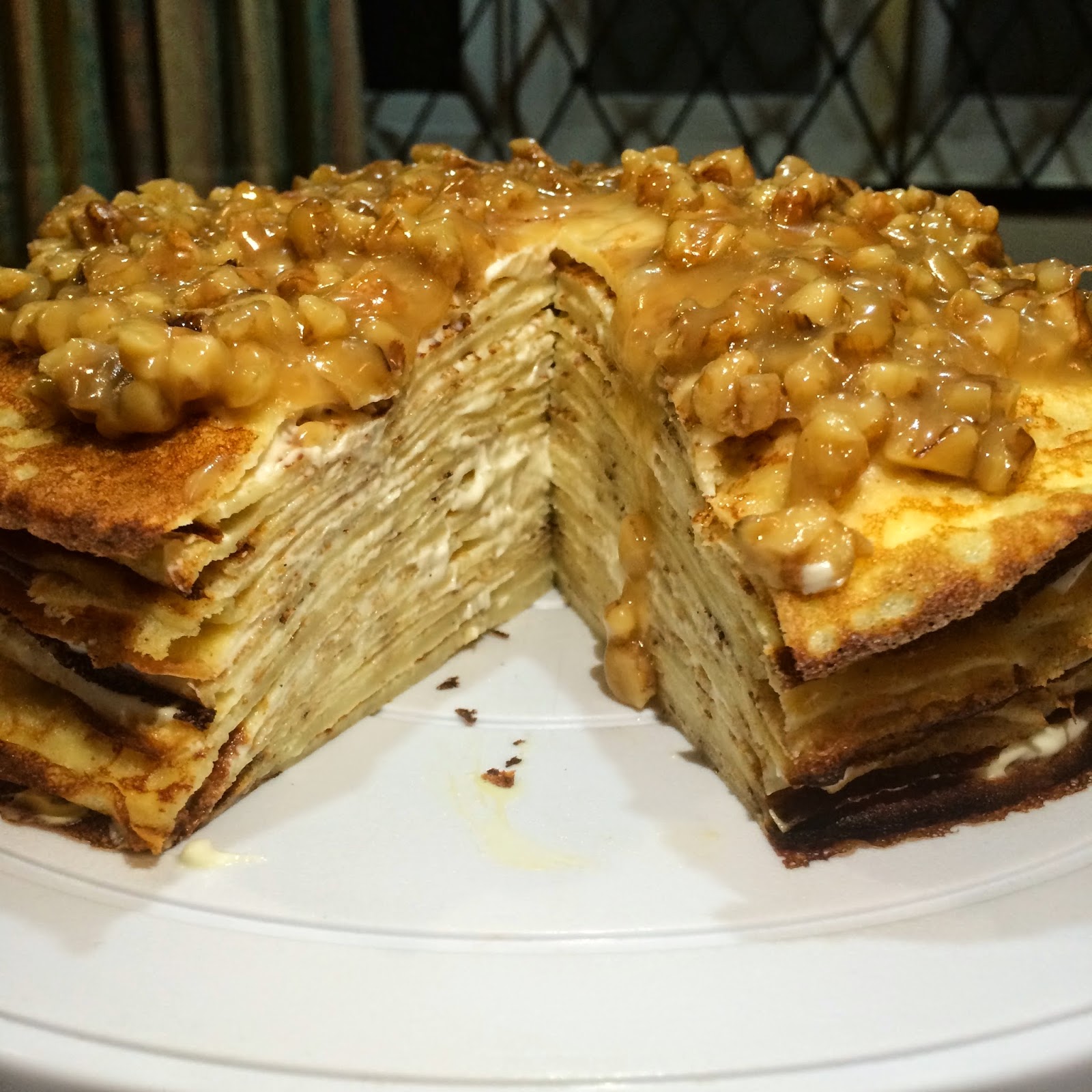 brown butter crepes with yogurt cream cheese and butterscotch walnut