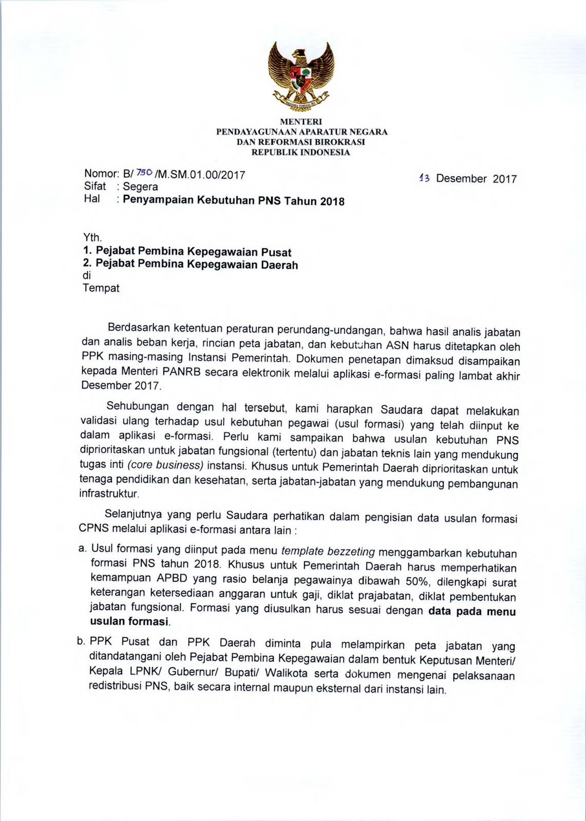 Surat Menteri PANRB tentang Penyampaian Kebutuhan PNS