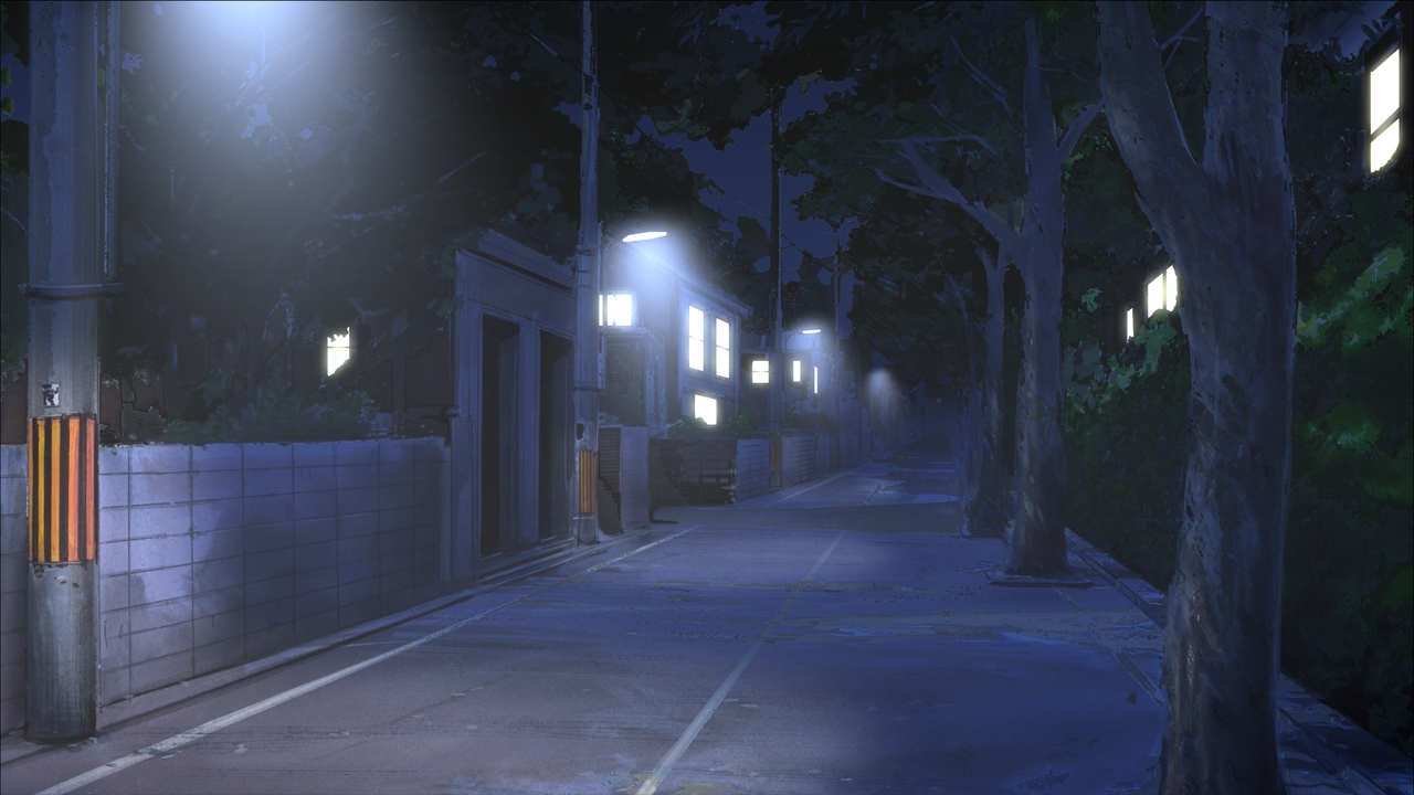 Anime Landscape: Dark anime street at night background