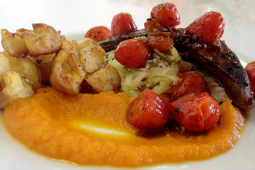 Marthese Seasonal Food Veal Liver with Cherry tomato and Balsamic Glaze, Smashed Potatoes and