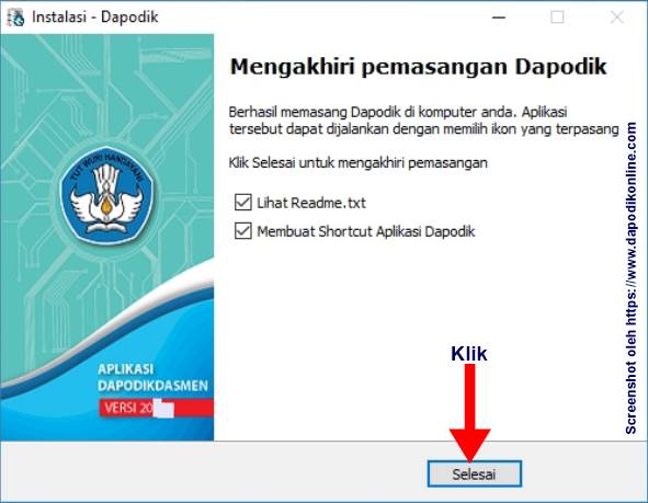 Klik selesai untuk mengakhiri instal dapodik