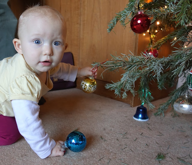 A baby looking straight at the camera while removing baubles off a Christmas Tree