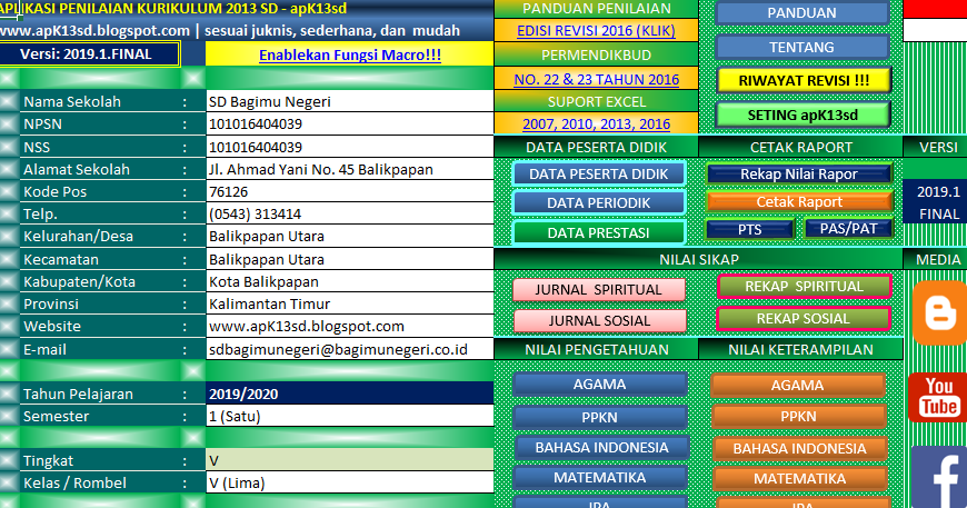 Aplikasi Raport Kelas 5 SD Semester 1 K13 Tahun Pelajaran 2019/2020