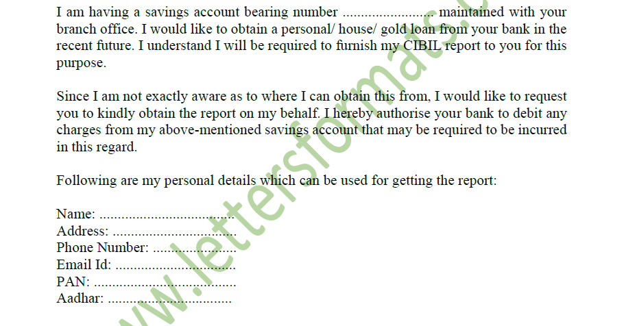 Letter to Bank for Ordering a New CIBIL Report (Format)