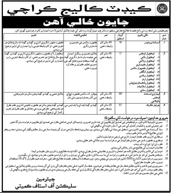 Lecturer Jobs in Cadet College Karachi 2020