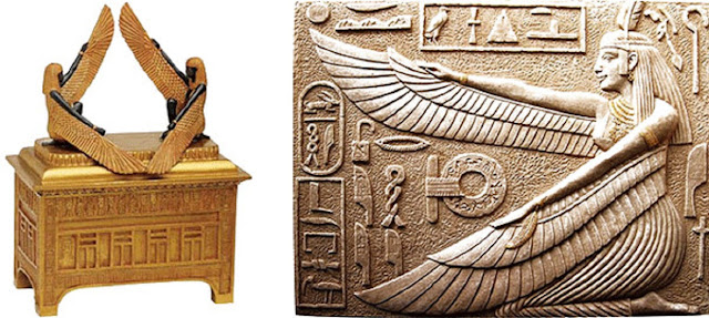 Слева – реконструкция "ларца Изиды", который очень напоминает еврейский "ковчег Завета"; справа – изображение Изиды на рельефе, очевидно послужившее образцом для изготовления "Херувимов" (Керубов) на Ковчеге Завета.