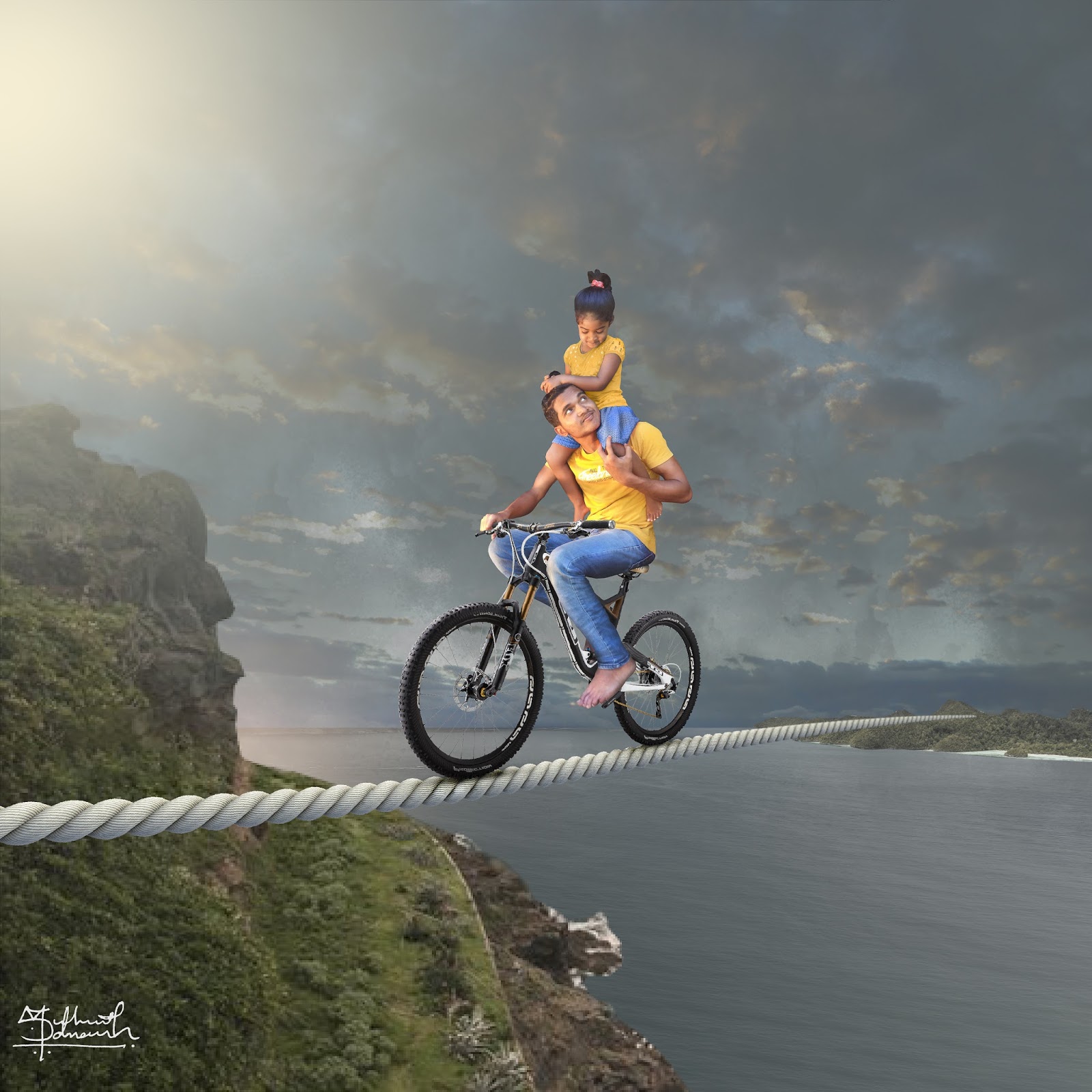 Riding Bicycle on the Tightrope Photo Manipulation