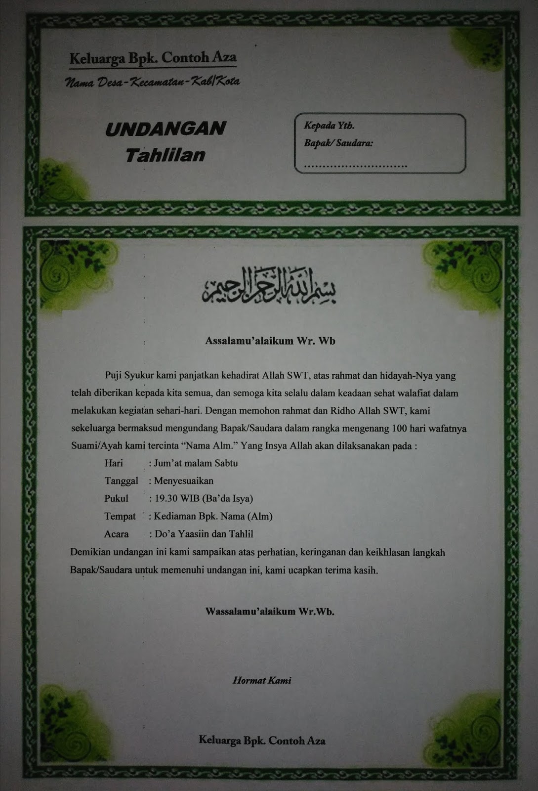 Contoh Surat Undangan Yasinan | Ruang Ilmu