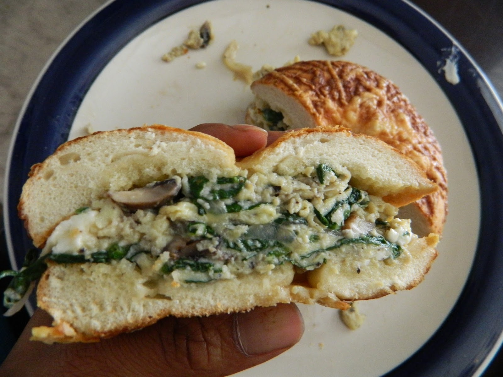 Sugar Ant's kitchen Spinach, Egg and Mushroom Breakfast Bagel