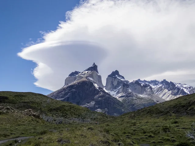 Swirling clouds over the mountains en route to Mirador Cuernos in Torres del Paine National Park in Patagonia