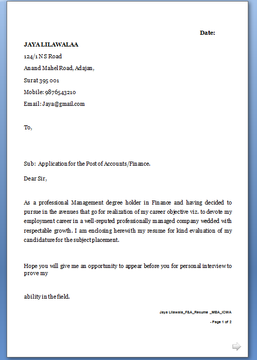 Sample job application letter for mba fresher ... (504 x 704 Pixel)