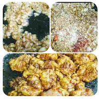 Frying onion, adding masala powder and mixing Chicken for kadai chicken recipe