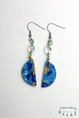 Boucles oreilles pâte polymère Marbre Bleu et jaune translucent Stenna Création