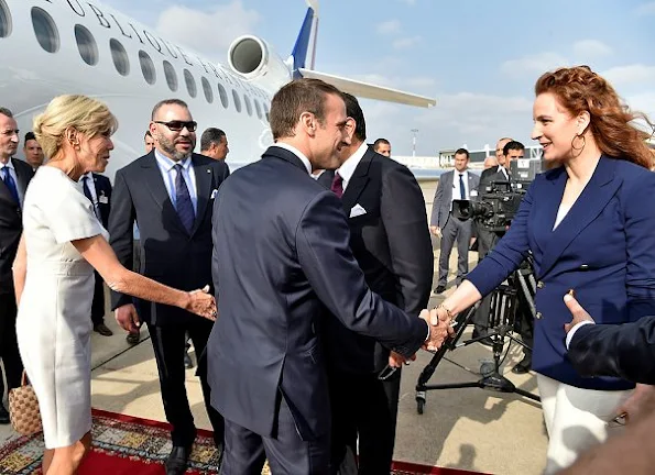 King Mohammed, Princess Lalla Salma and Prince Moulay Rachid, President Emmanuel Macron and Brigitte Macron at Rabat Airport