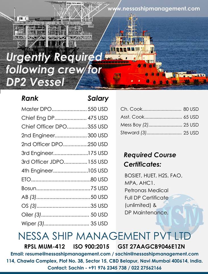 Recruit Officers, Engneers, Ratings For Offshore DP2 Vessel Official