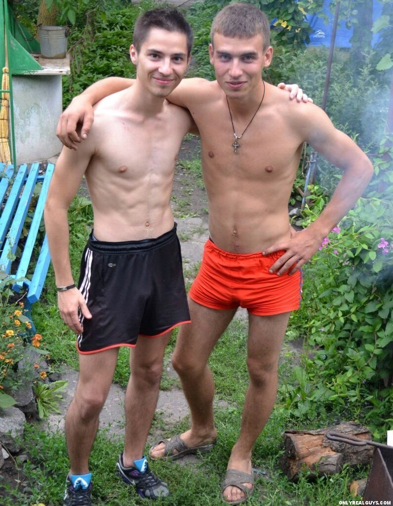 2 CUTE college boys stripped to their BULGING shorts. 