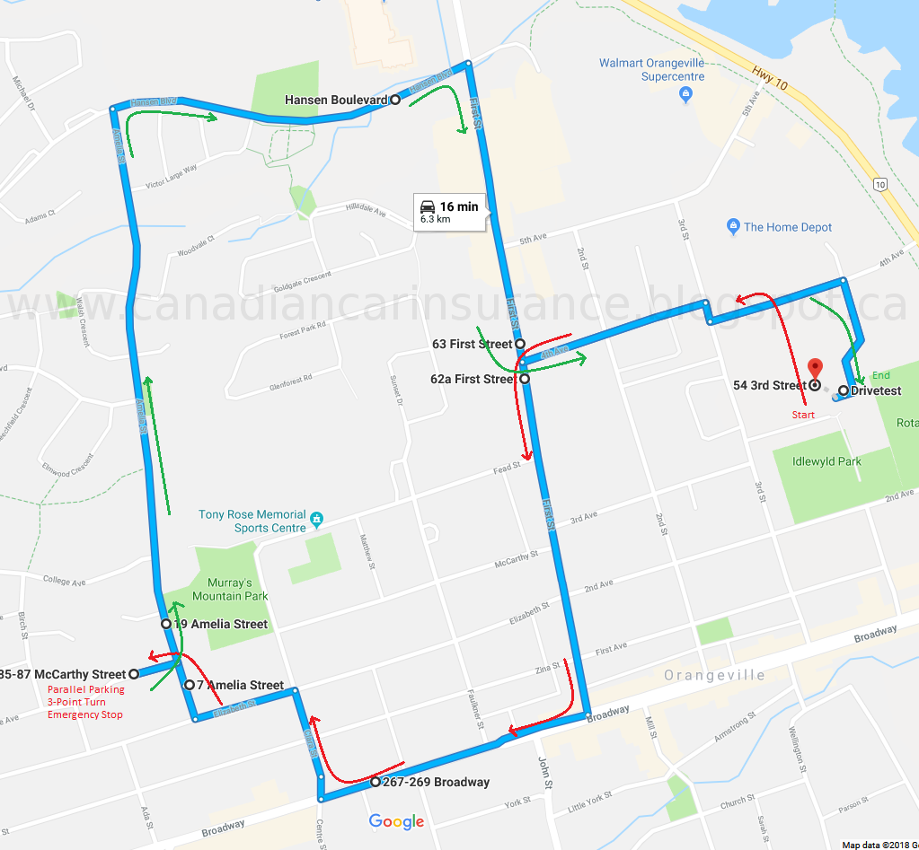 Orangeville G2 Road Test Route Maps