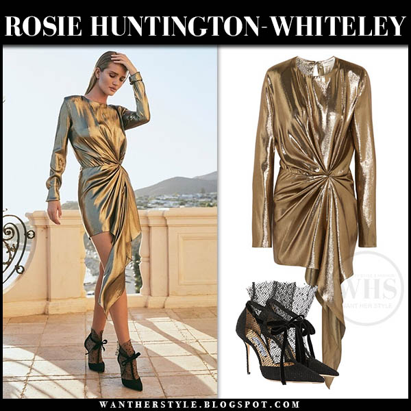 Rosie Huntington-Whiteley in gold draped lame mini dress and black mesh ...