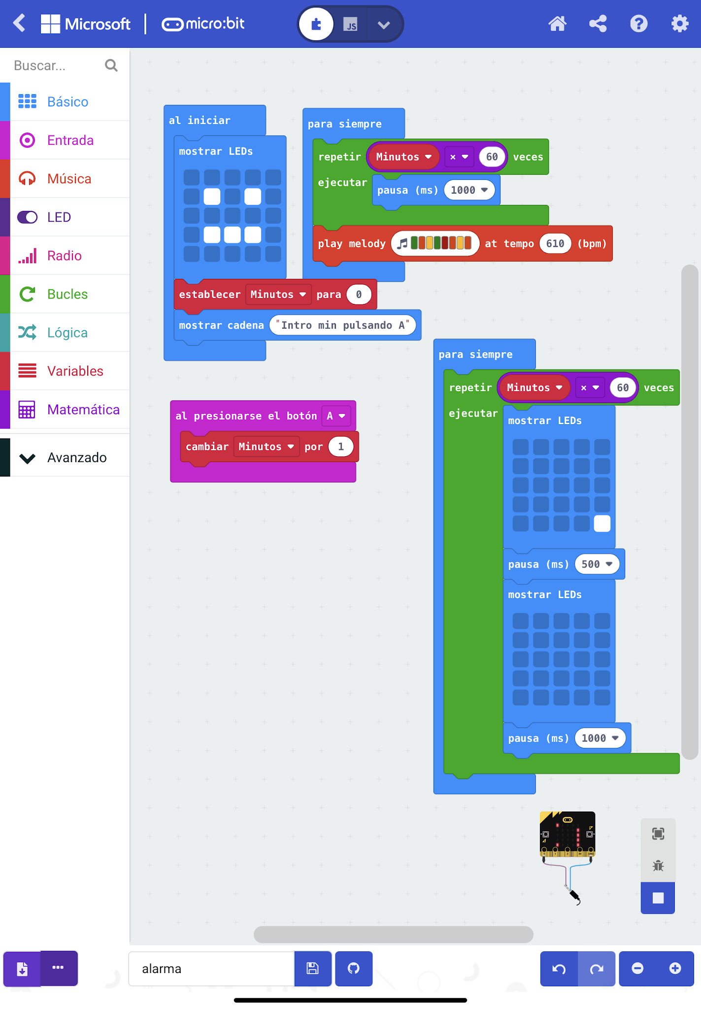 Alarma simple con make code microbit