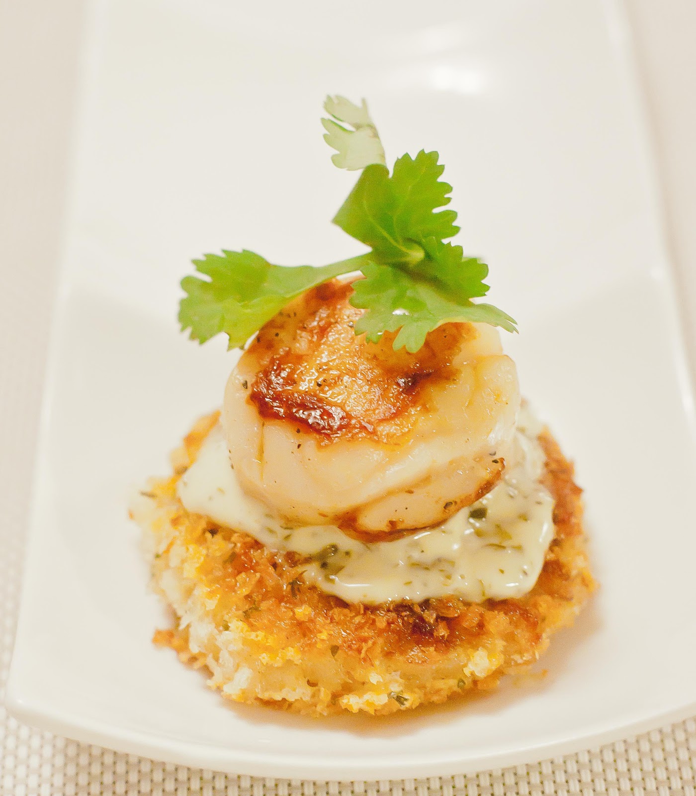 food.music.life. Seared Scallop Arancini Cake with Pesto Aioli and