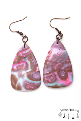 Boucles oreilles pâte polymère Mokume Gane Rose Taupe Vert Cernit Fimo Stenna Création