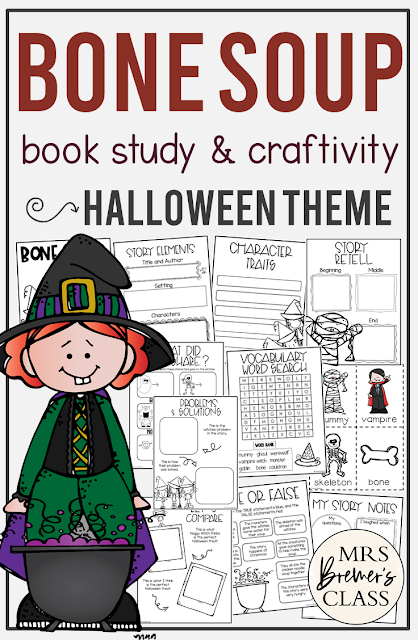 Bone Soup book study activities unit with Common Core aligned literacy companion activities and a craftivity for Halloween in Kindergarten and First Grade