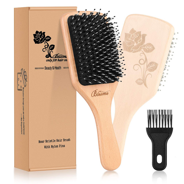 Bsisme Hair Brush-Boar Bristle Brush with Detangling Pins Wooden Paddle