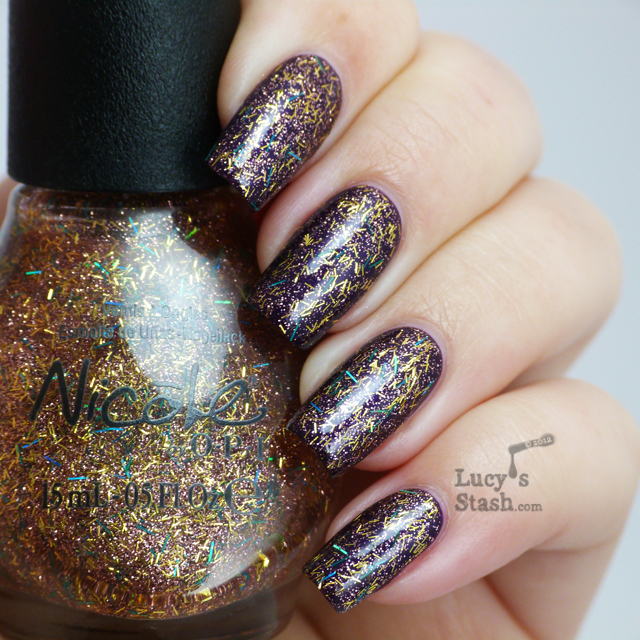 Lucy's Stash -  Nicole by OPI A Gold Winter's Night layered over Here We Kome A-Karoling 