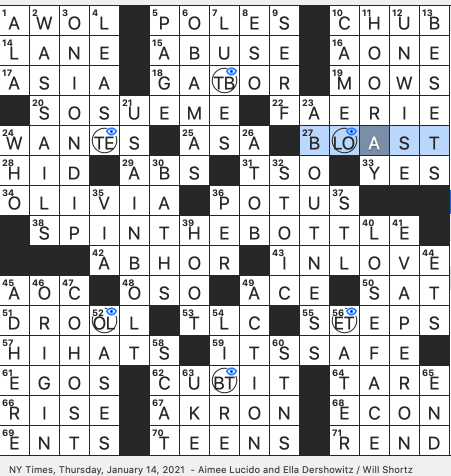 Rex Parker Does the NYT Crossword Puzzle: Mythical being old-style / THU 1-14-21 / Common impeachment charge / House member with million Twitter followers informally / Ancient unit of length
