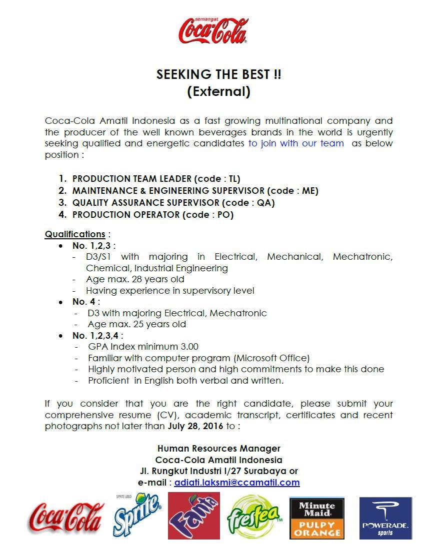 LOWONGAN KERJA COCA COLA AMATIL INDONESIA JULI 2016 INFO LOWONGAN KERJA