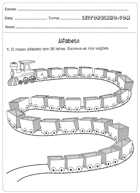 O nosso alfabeto tem 26 letras. Escreva-as nos vagões