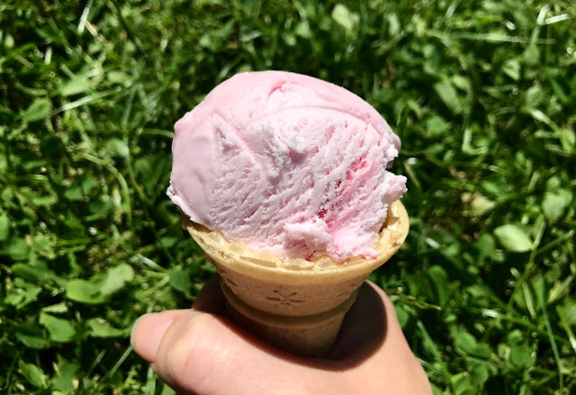 A cone of pink coloured raspberry ice dairy free ice cream