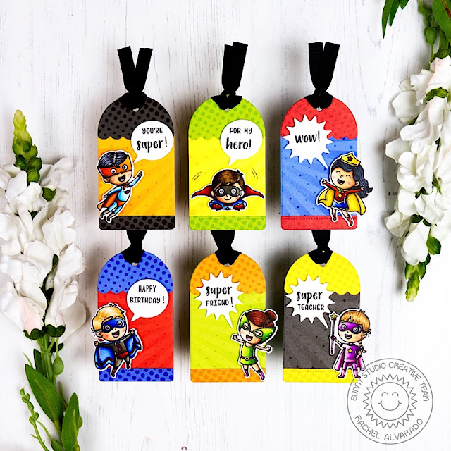 Sunny Studio Stamps: Super Duper Build-A-Tag Dies Comic Strip Speech Bubble Dies Super Hero Themed Gift Tags by Rachel Alvarado